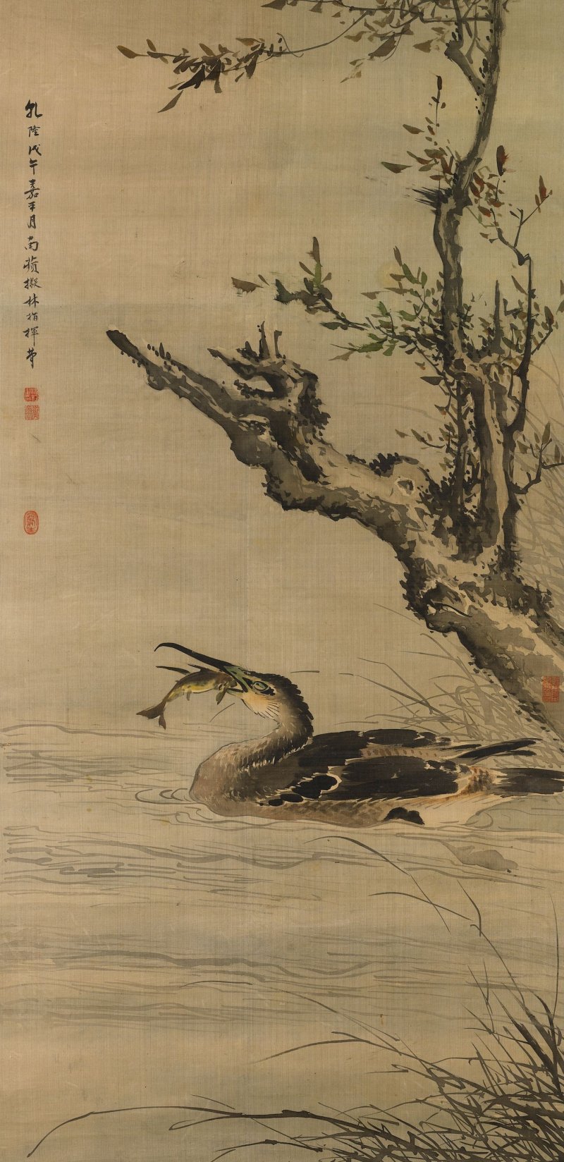 沈銓　鸕鶿捕魚圖　設色絹本　立軸　一七三九年作 | SHEN QUAN (1682-1762) - 图1