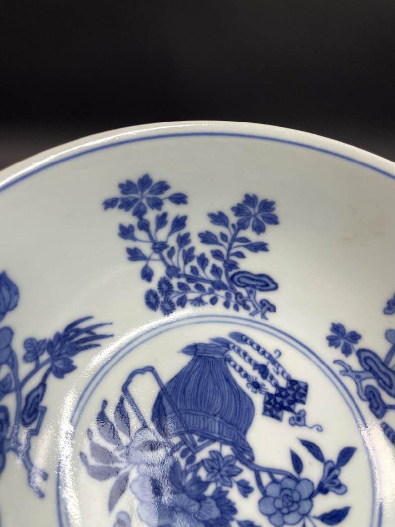 清道光 内青花外胭脂红轧道洋彩花卉开光艾叶灵符图碗 - 图10