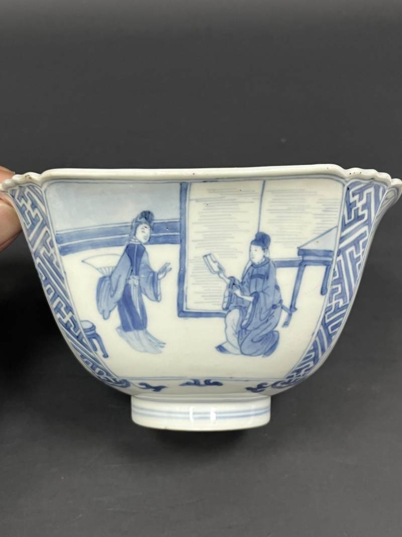 清康熙 青花西厢记人物故事图四方倭角碗 - 图6