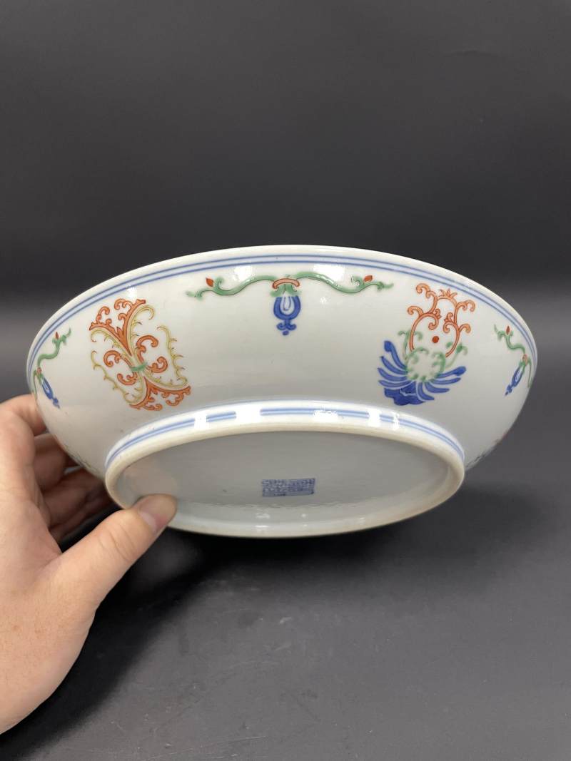 清道光 青花五彩忍冬纹盘 - 图7