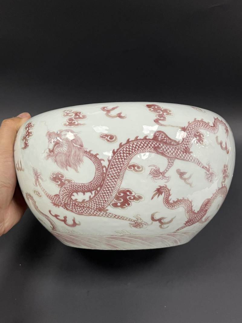 清中期 青花釉里红云龙纹案缸 - 图3