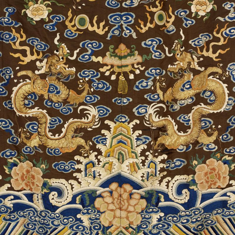 清 褐色盘金刺绣龙袍 - 图3