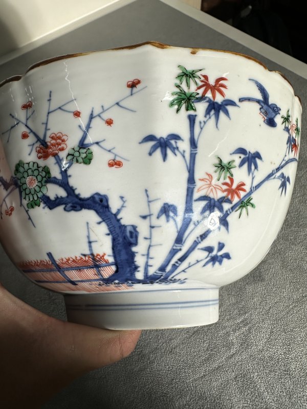 清康熙 青花五彩花鸟花口大碗 - 图6