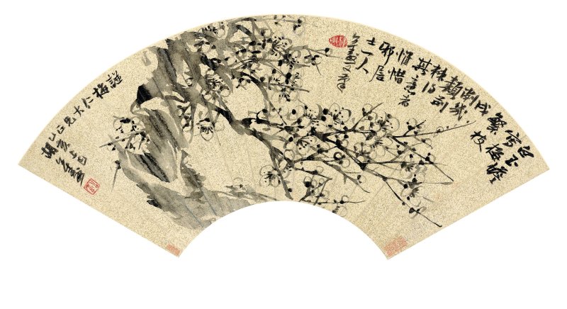 胡公壽　墨梅圖　水墨灑金箋　扇面鏡心　一八七五年作 | HU GONGSHOU (1823-1886) - 图1