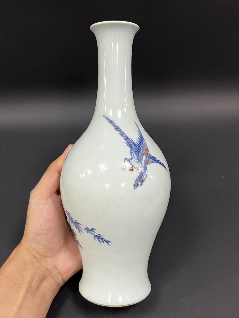 清康熙 青花釉里红花鸟纹橄榄尊 - 图4