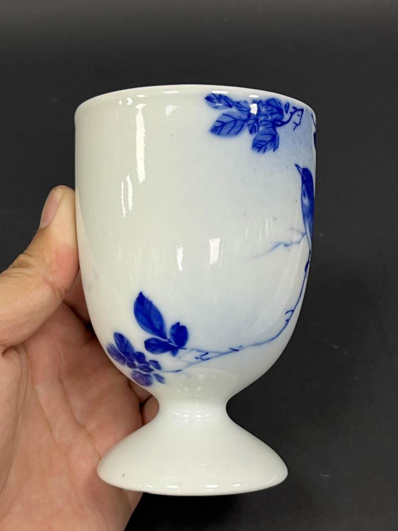 民国 青花花鸟纹高足杯 - 图3