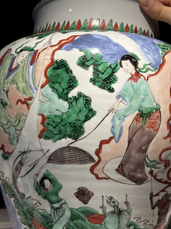 清康熙 青花五彩八仙闹海图大盖罐 - 图39