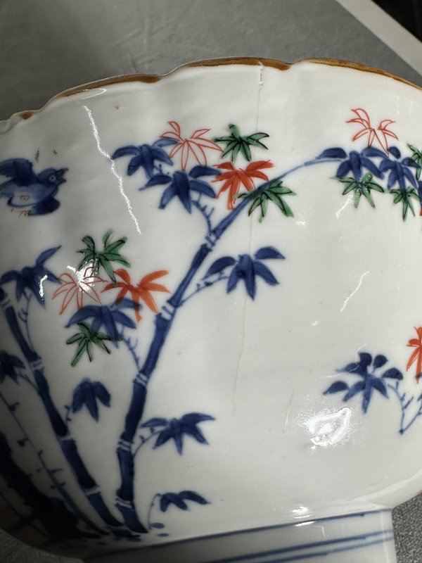 清康熙 青花五彩花鸟花口大碗 - 图15