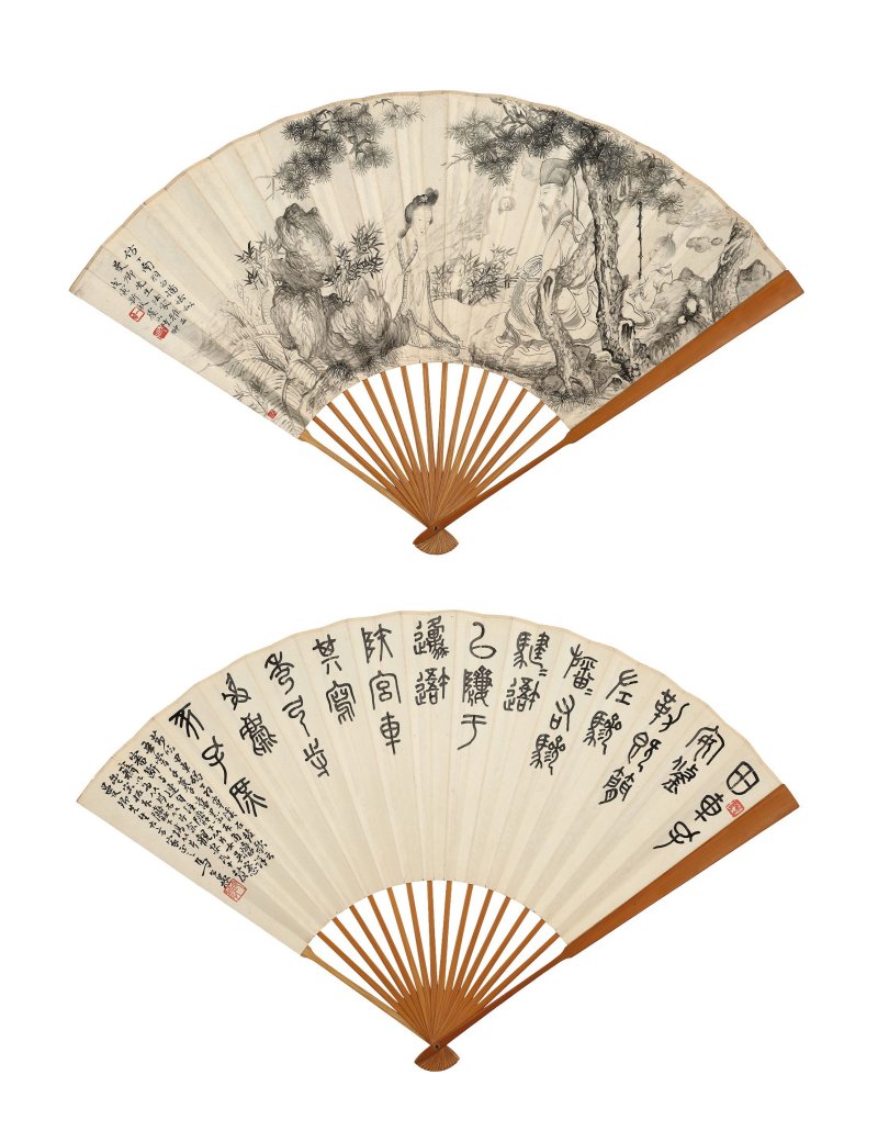陸抑非　說法圖　水墨紙本　成扇　一九三八年作 | LU YIFEI (1908-1997); MA GONGYU (1893-1969) - 图1