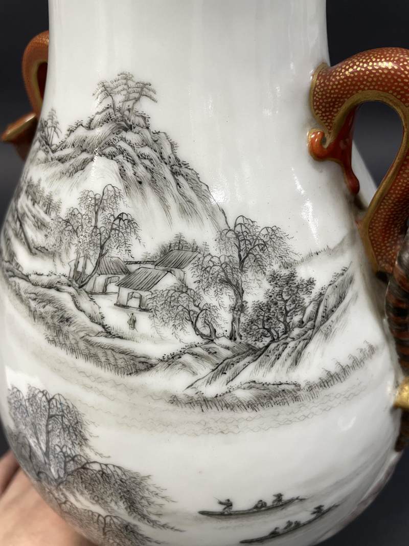 民国 墨彩加粉彩山水人物纹如意万年耳尊 - 图15