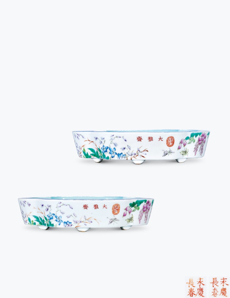 清光绪 粉彩紫藤花蝶图海棠形水仙盆一对