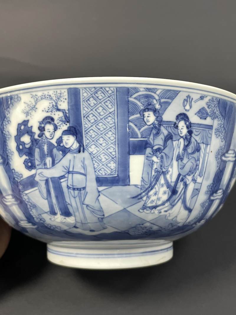 清康熙 青花西厢记人物故事图大碗 - 图14