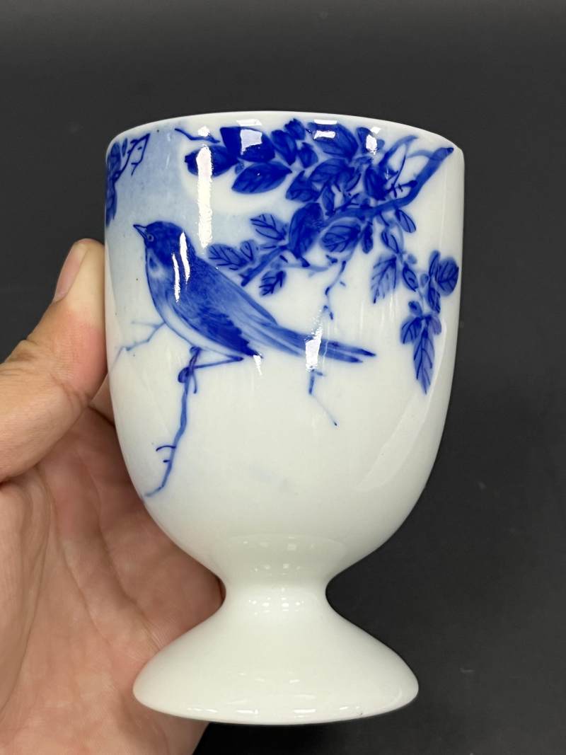 民国 青花花鸟纹高足杯 - 图4