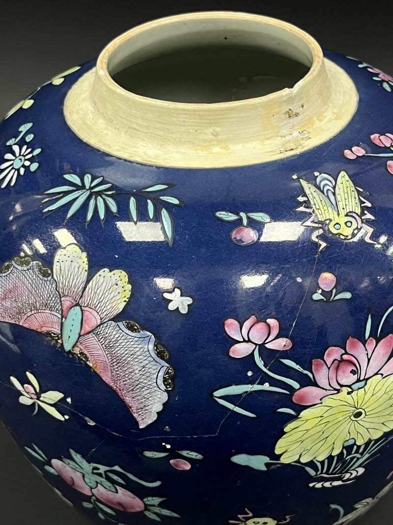 清中期 蓝釉粉彩花蝶纹罐一对 - 图15
