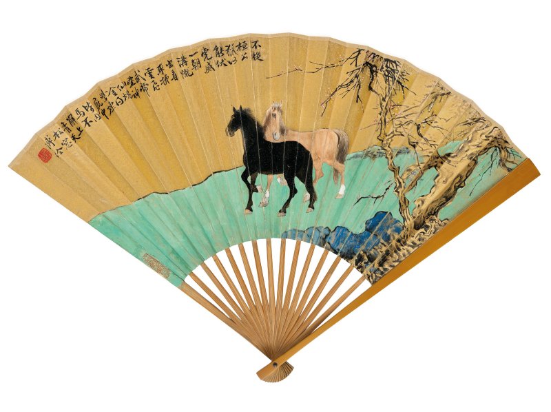 溥　佺　一洗萬古凡馬空　設色金箋　成扇 | PU QUAN (1913-1991); CHEN ZENGSHOU (1878-1949) - 图2