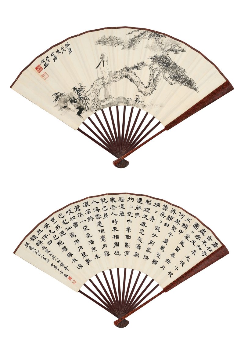 張大千　高士撫松　水墨紙本　成扇 | ZHANG DAQIAN (CHANG DAI-CHIEN 1899-1983); FANG JIEKAN (1901-1897)