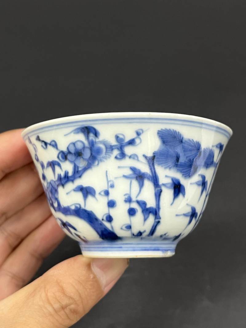 清康熙 青花岁寒三友图杯一对 - 图7