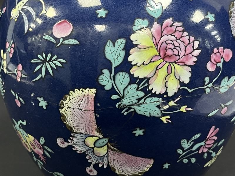 清中期 蓝釉粉彩花蝶纹罐一对 - 图16