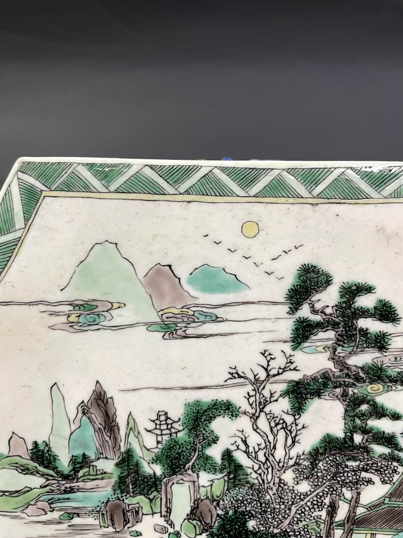 清康熙 素三彩山水人物纹六方几 - 图5
