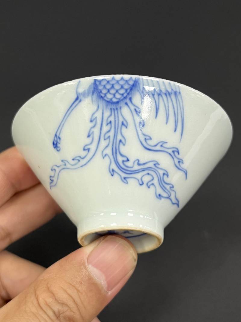 清雍正 青花过墙凤鸣在竹图斗笠杯一对 - 图11