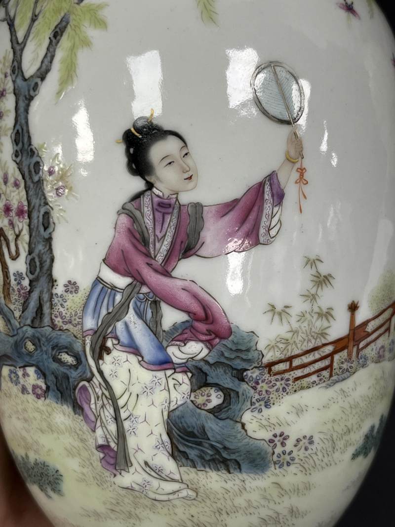 民国 仿珐琅彩仕女诗文瓶一对 - 图6