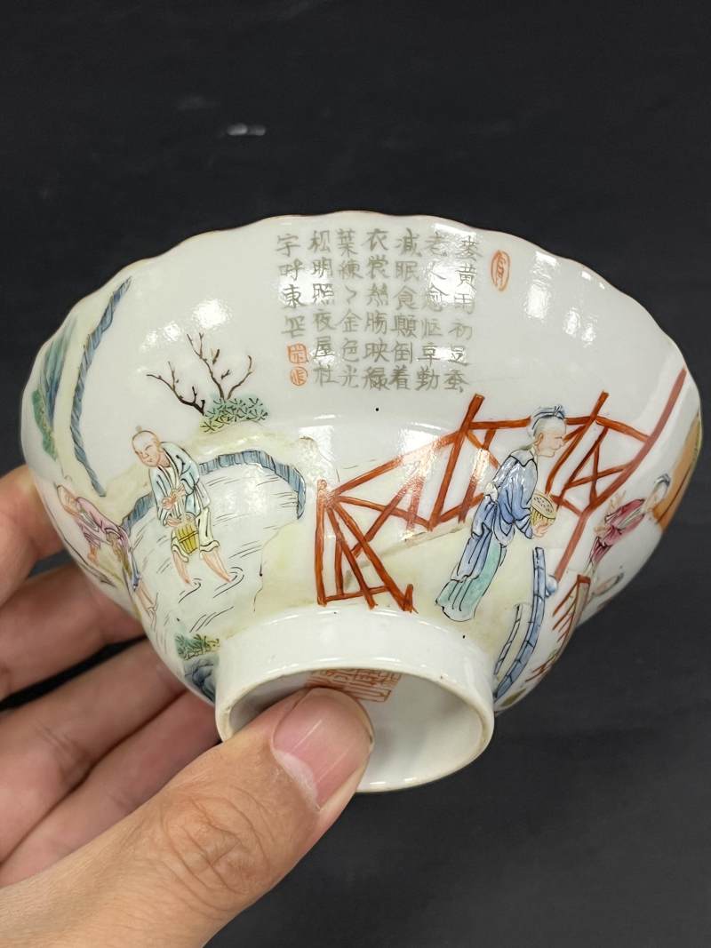 清道光 粉彩耕织诗文花口折腰碗 - 图6