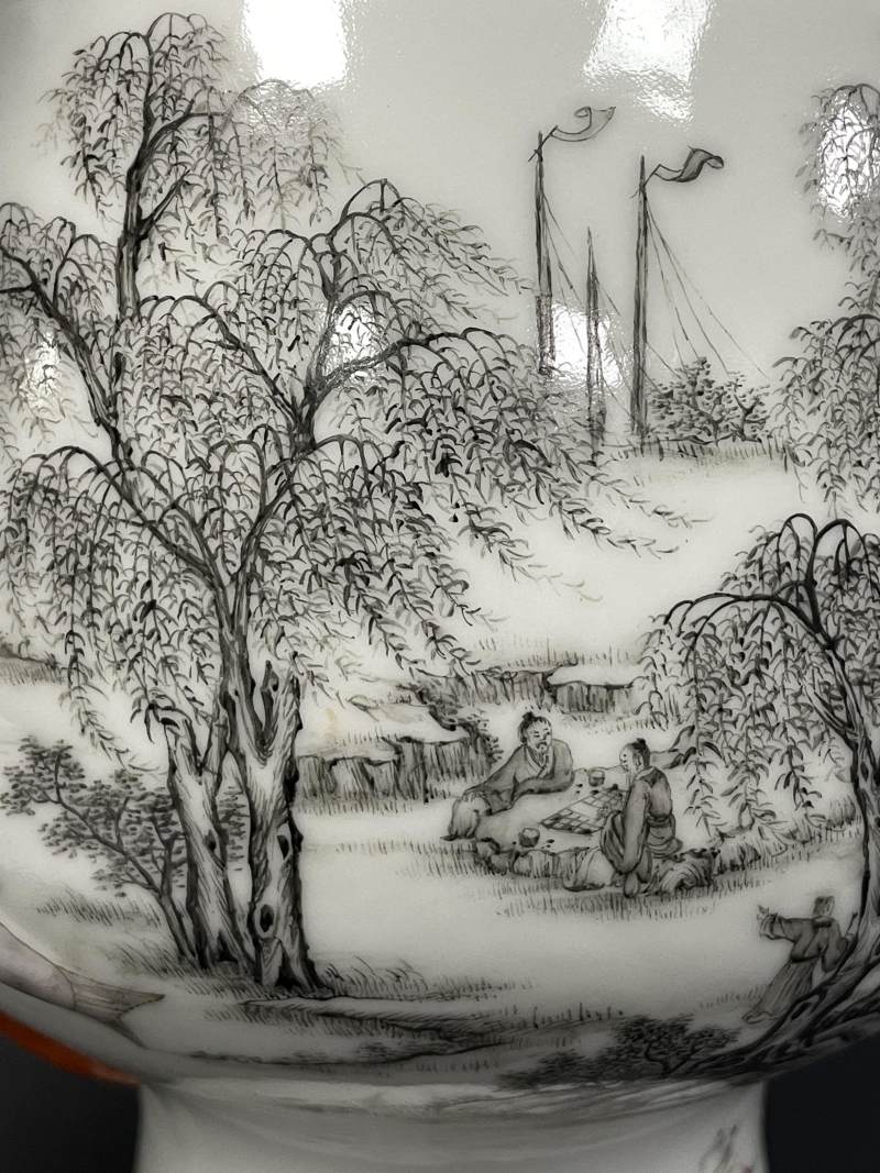 民国 墨彩加粉彩山水人物纹如意万年耳尊 - 图16