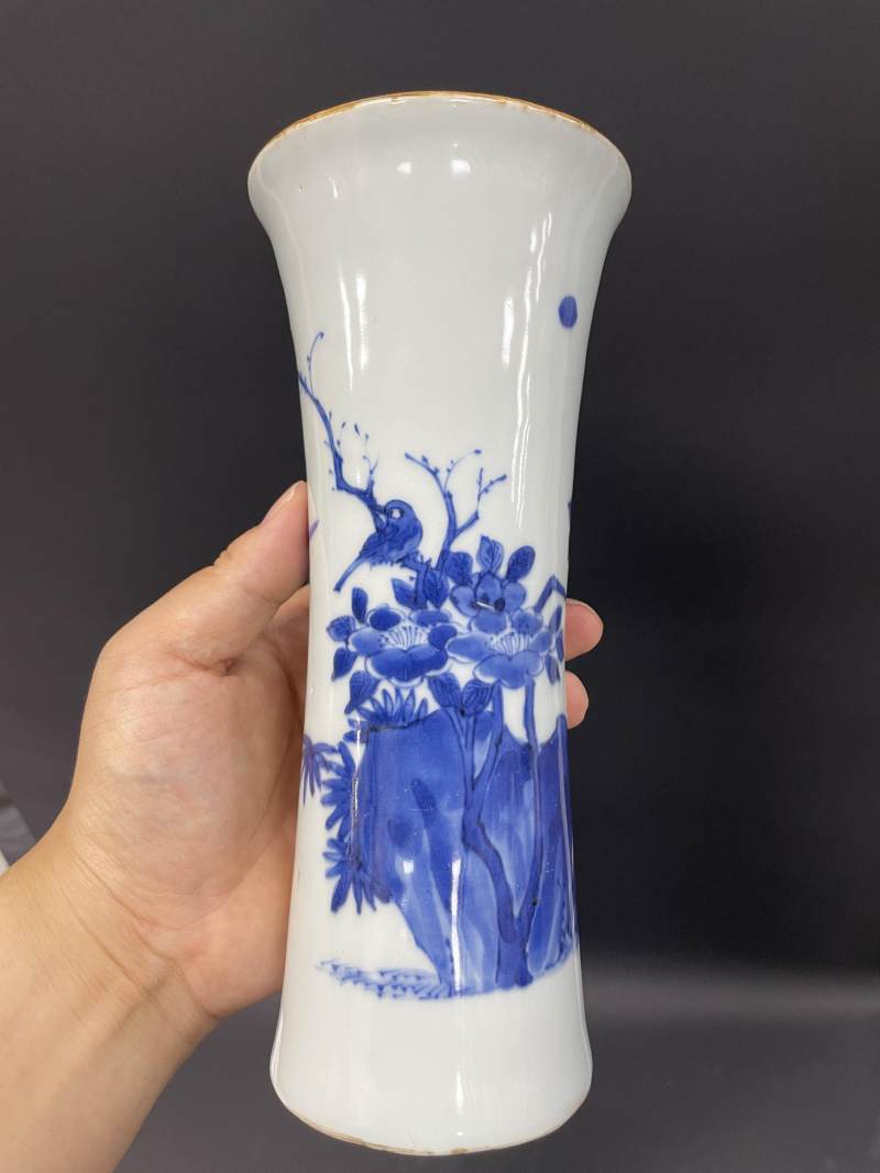 明崇祯 青花花鸟纹花觚 - 图3