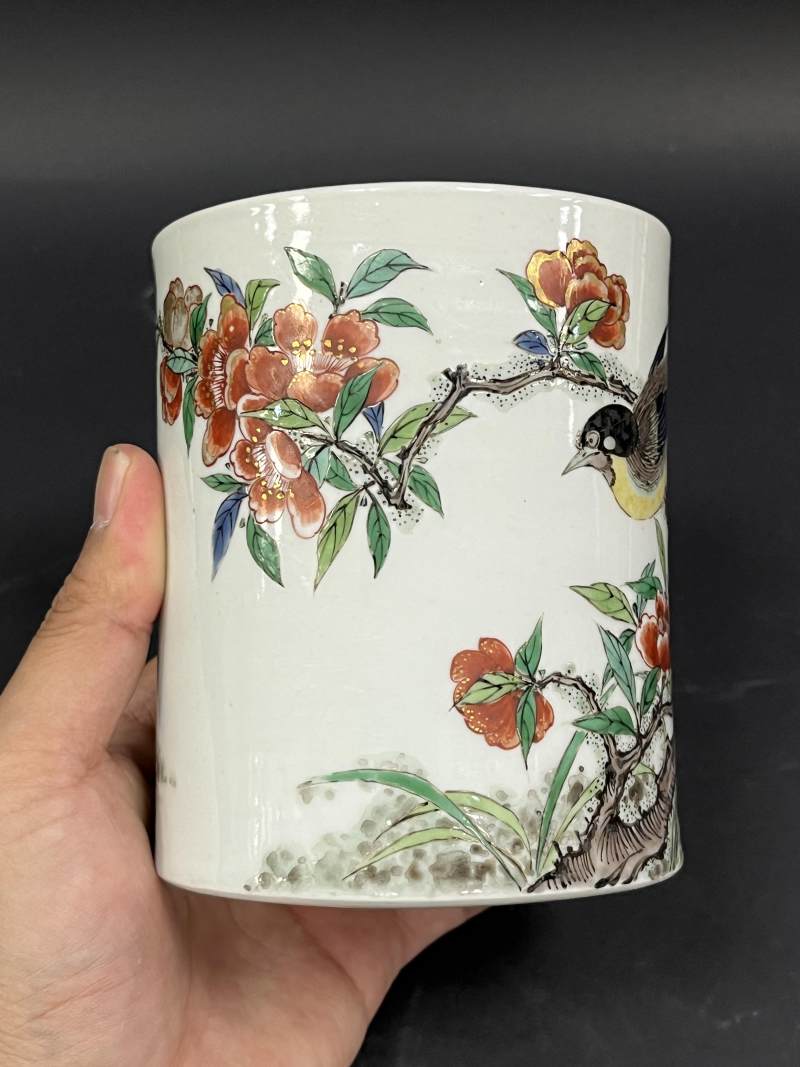 清早期 五彩花鸟纹笔筒 - 图2