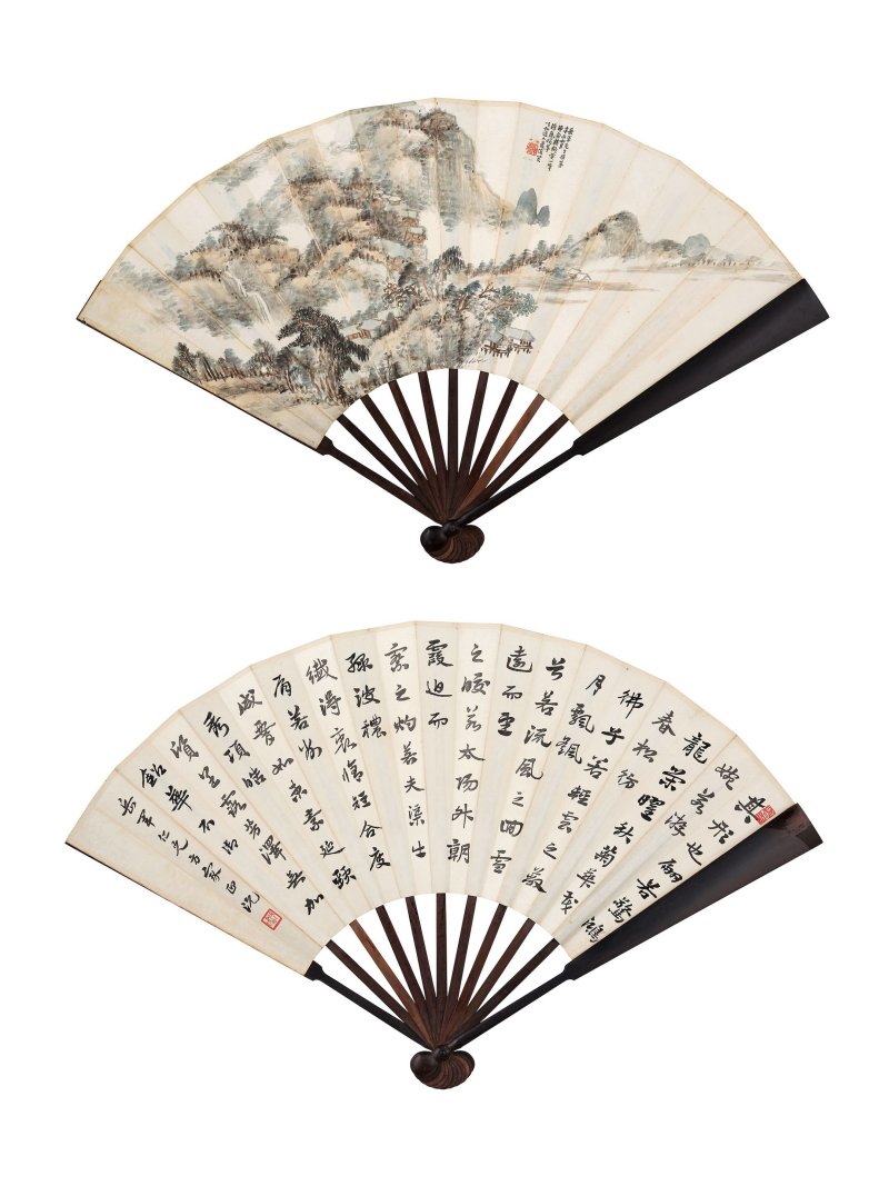蕭俊賢　浮嵐暖翠　設色紙本　成扇　一九三一年作 | XIAO JUNXIAN (1865-1949); ZHENG YUAN (1866-1943)