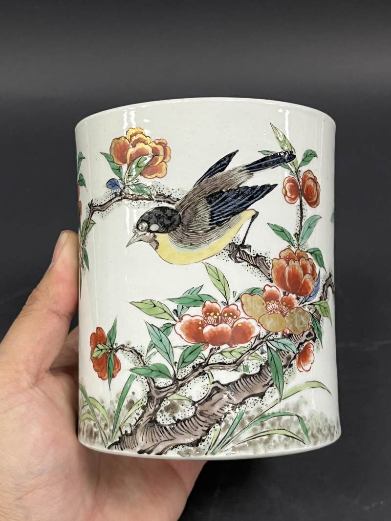 清早期 五彩花鸟纹笔筒 - 图3