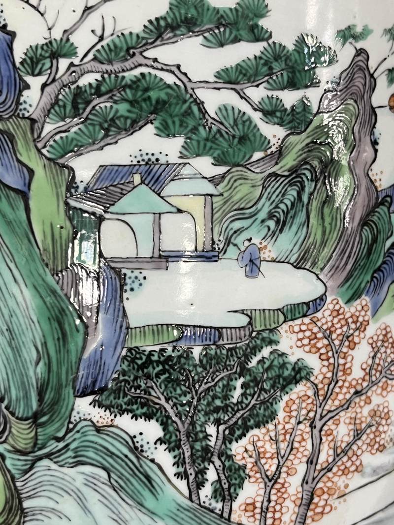清 五彩披麻皴山水纹大笔筒 - 图9