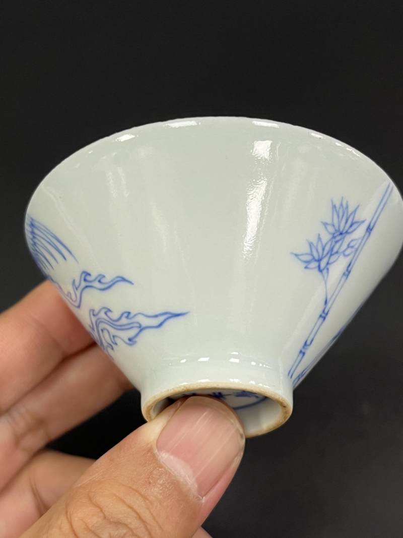 清雍正 青花过墙凤鸣在竹图斗笠杯一对 - 图12