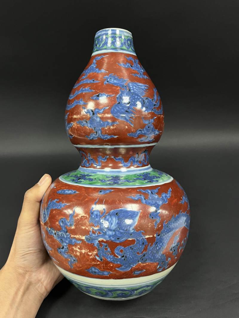 明晚期 红绿地青花龙凤纹葫芦瓶 - 图4