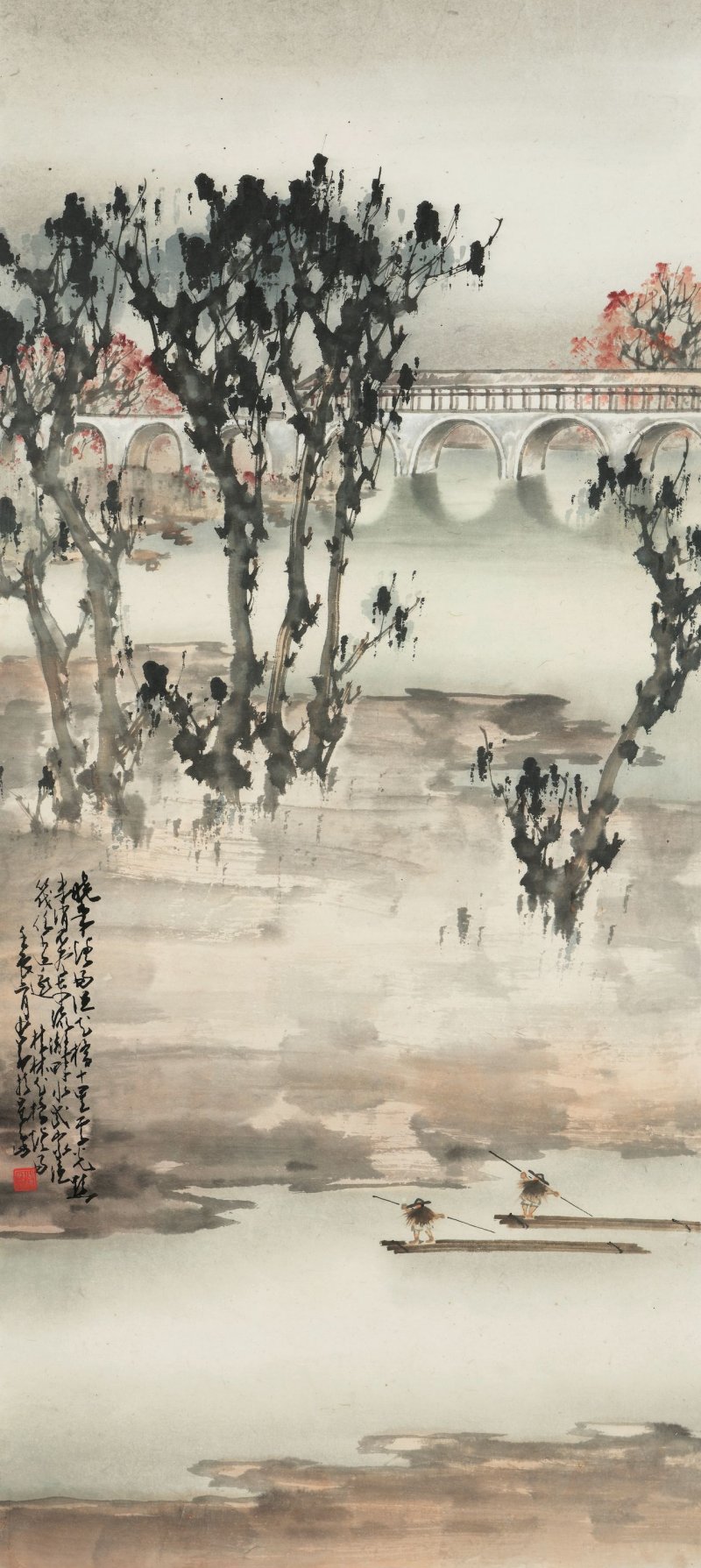 趙少昂　桂林花橋煙雨　設色紙本　鏡框　一九五二年作 | ZHAO SHAO'ANG (1905-1998) - 图1