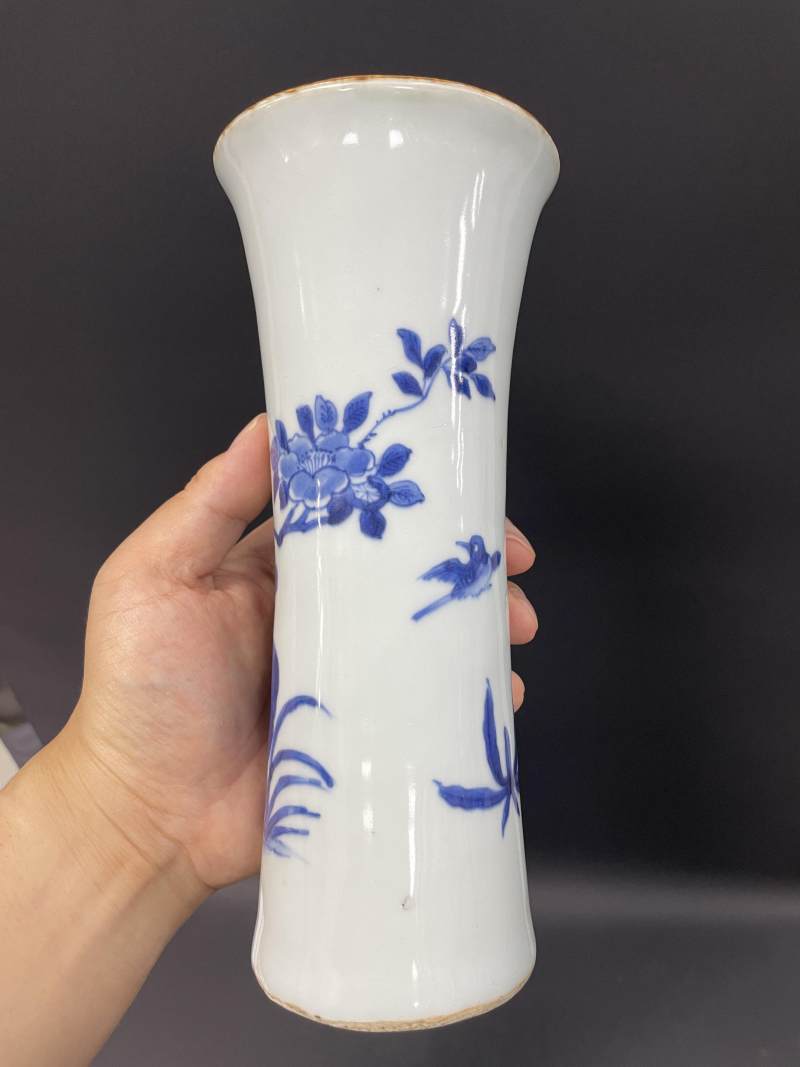明崇祯 青花花鸟纹花觚 - 图5