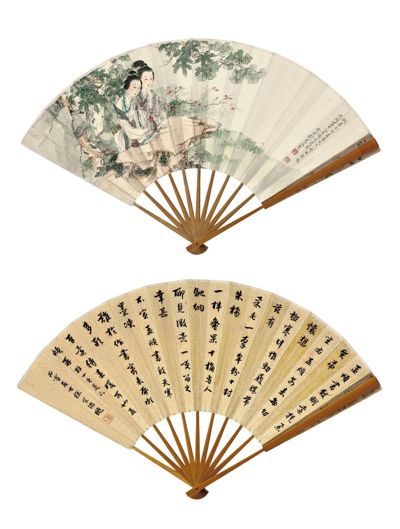 劉凌滄　楓艷二喬圖　設色紙本　成扇 | LIU LINGCANG (1908-1989); XU ZONGHAO (1880-1957)