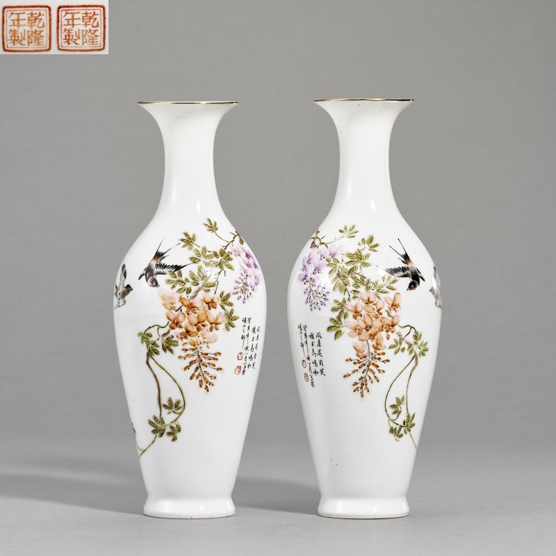 1983年 粉彩紫藤春燕瓶一对