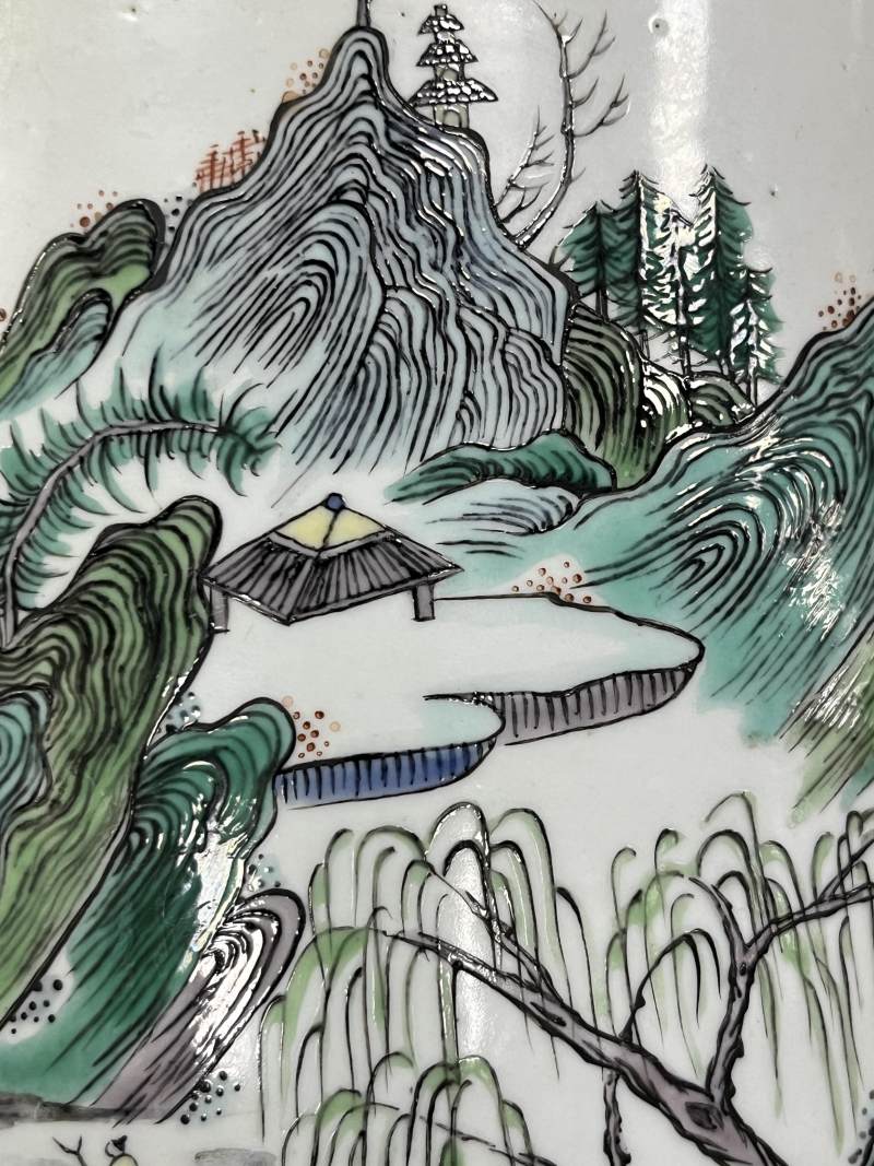 清 五彩披麻皴山水纹大笔筒 - 图11