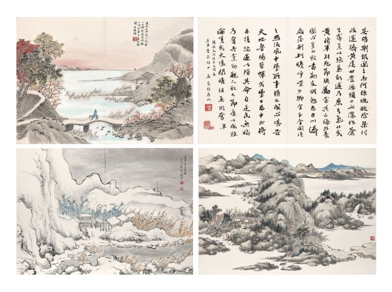 唐肯、馮飛 倣古山水　設色紙本　冊頁十八開　一九二八年、一九三一年作 | TANG KEN (1876-1950); FENG FEI (?-1968)