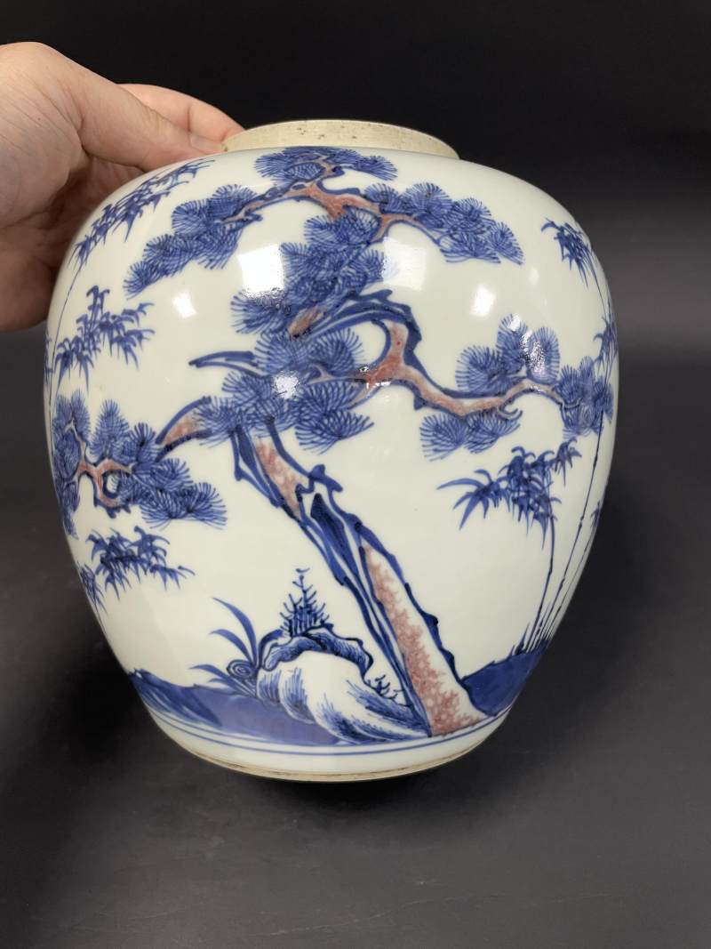 清雍正 青花釉里红岁寒三友图罐 - 图2