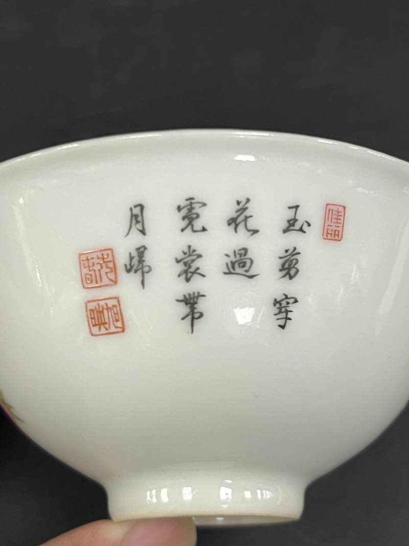 民国 粉彩杏林春燕诗文茶圆一对 - 图8