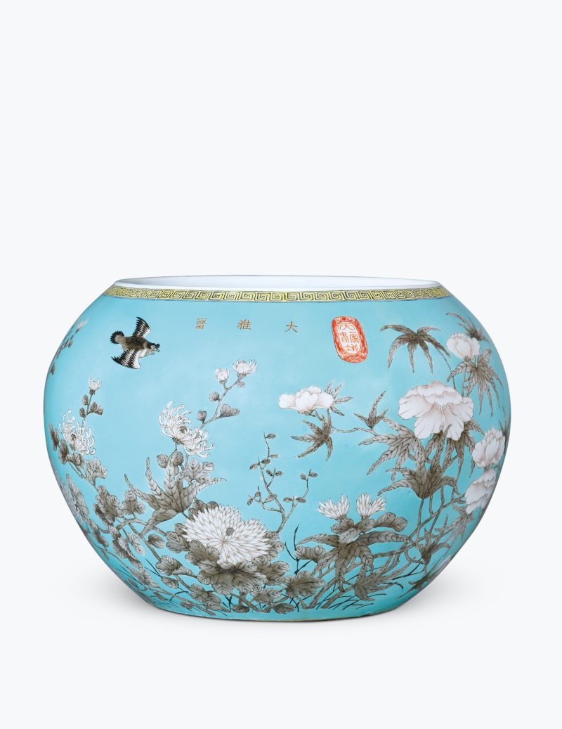 清光绪 松石绿地墨彩花鸟纹缸 - 图1