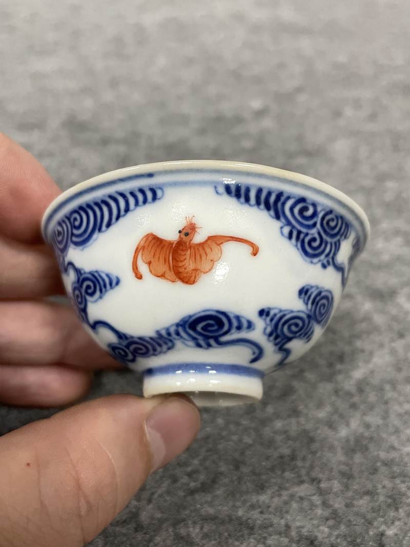 清光绪 青花矾红洪福齐天图杯、碗、盖碗、盘、匙八十三只 - 图52