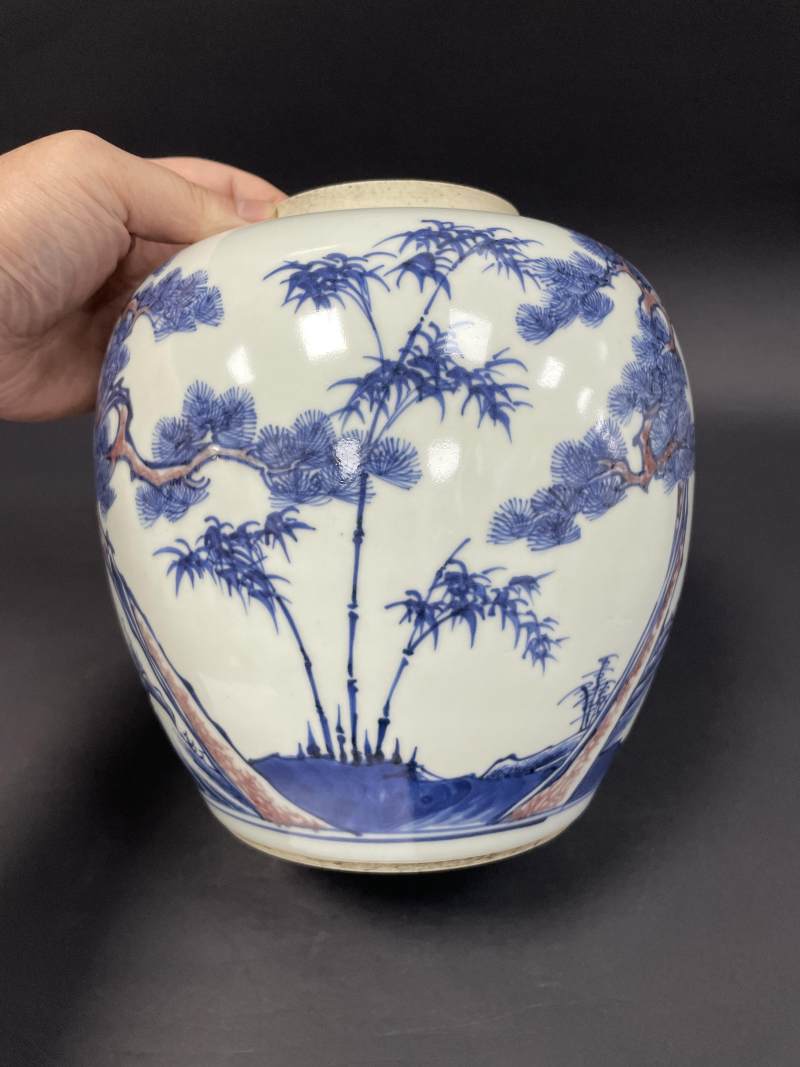 清雍正 青花釉里红岁寒三友图罐 - 图3