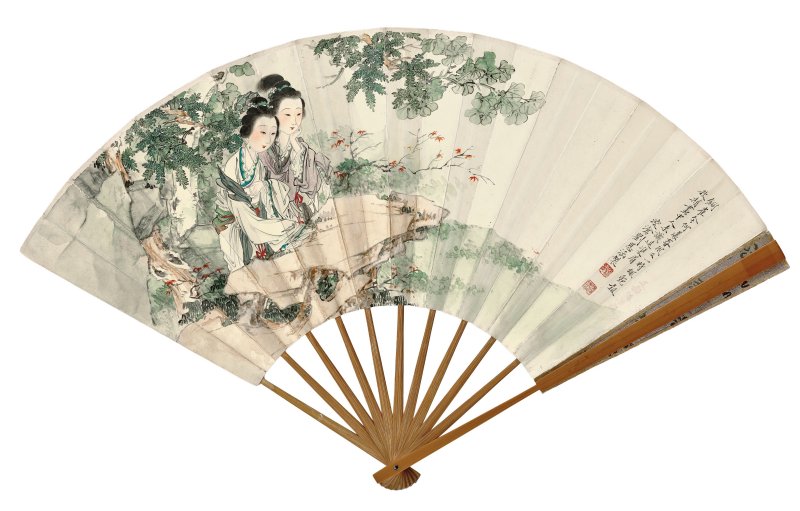 劉凌滄　楓艷二喬圖　設色紙本　成扇 | LIU LINGCANG (1908-1989); XU ZONGHAO (1880-1957) - 图2