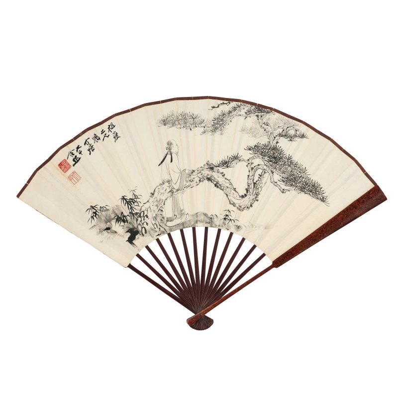 張大千　高士撫松　水墨紙本　成扇 | ZHANG DAQIAN (CHANG DAI-CHIEN 1899-1983); FANG JIEKAN (1901-1897) - 图5