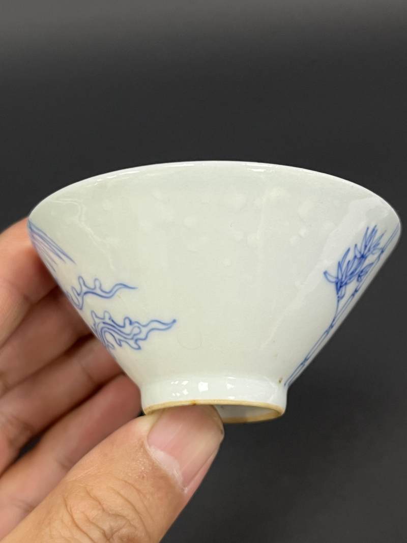 清雍正 青花过墙凤鸣在竹图斗笠杯一对 - 图4