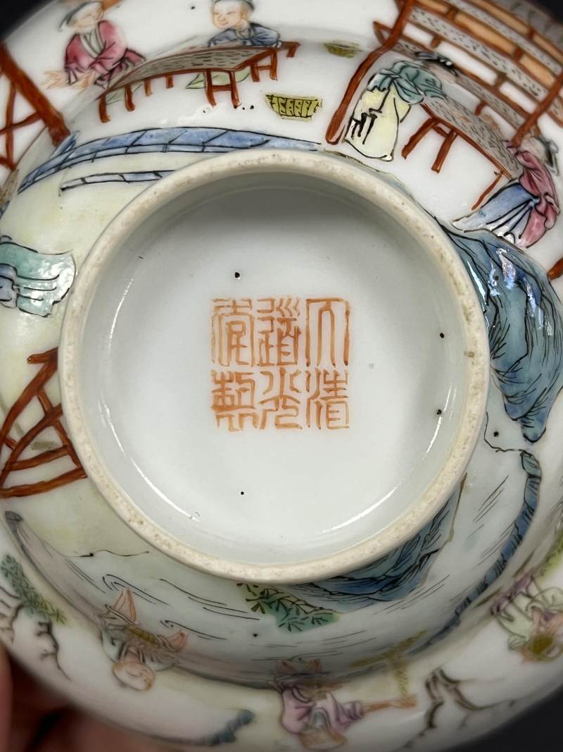 清道光 粉彩耕织诗文花口折腰碗 - 图8
