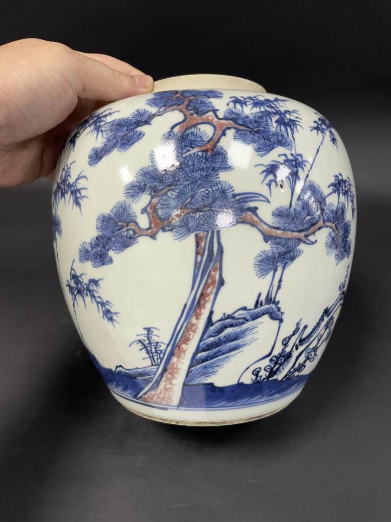 清雍正 青花釉里红岁寒三友图罐 - 图4